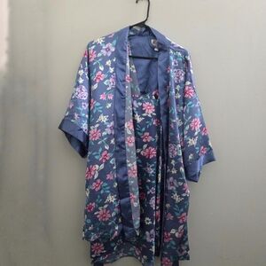 Vanity Fair Vintage 90s Y2K Satin Bow Floral Robe Nightgown Sleep Set Blue Large